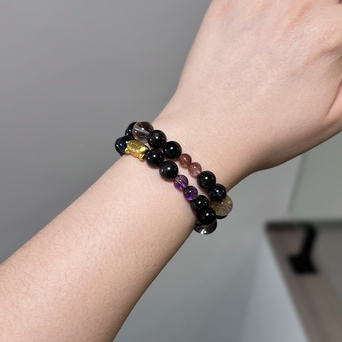 Doppelstriges Rutilquarz-Amethyst Perlenarmband