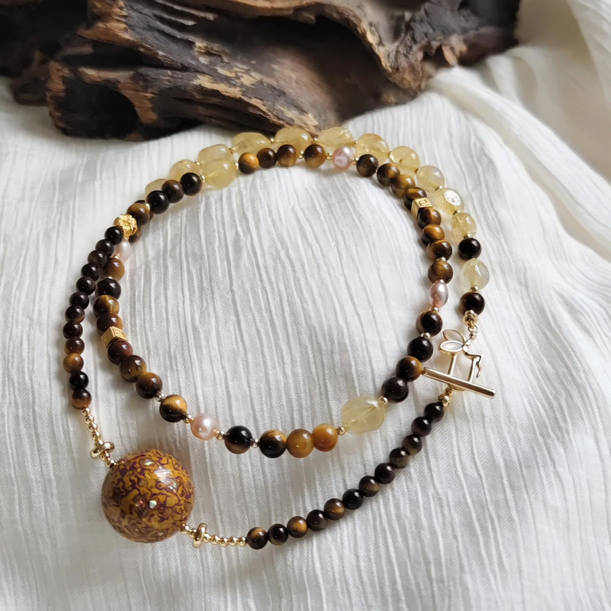 Chinese Lacquer Bead Necklace with Tiger Eye
