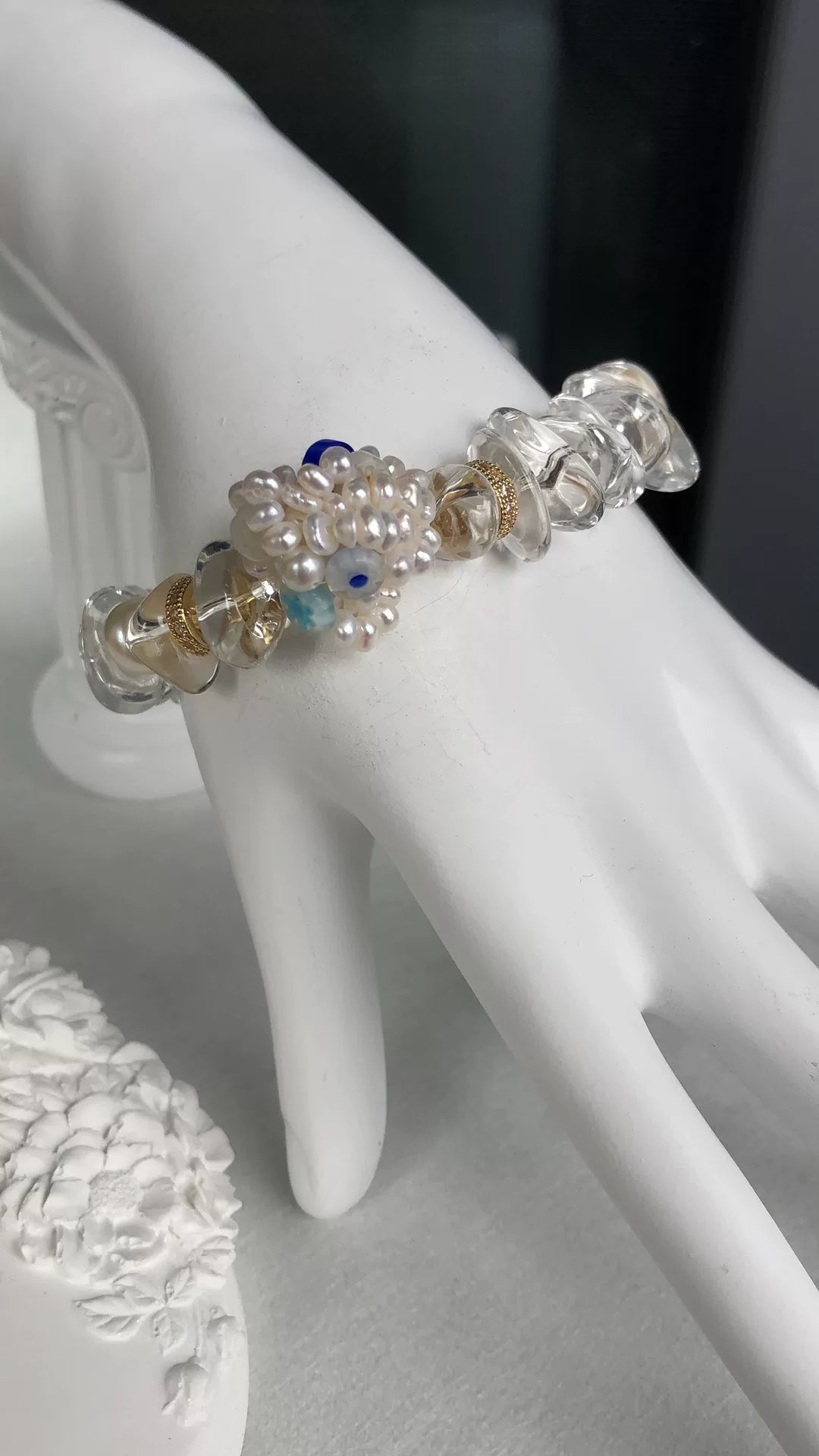 Pulseira Tecida de Quartzo Transparente e Pérola Keshi