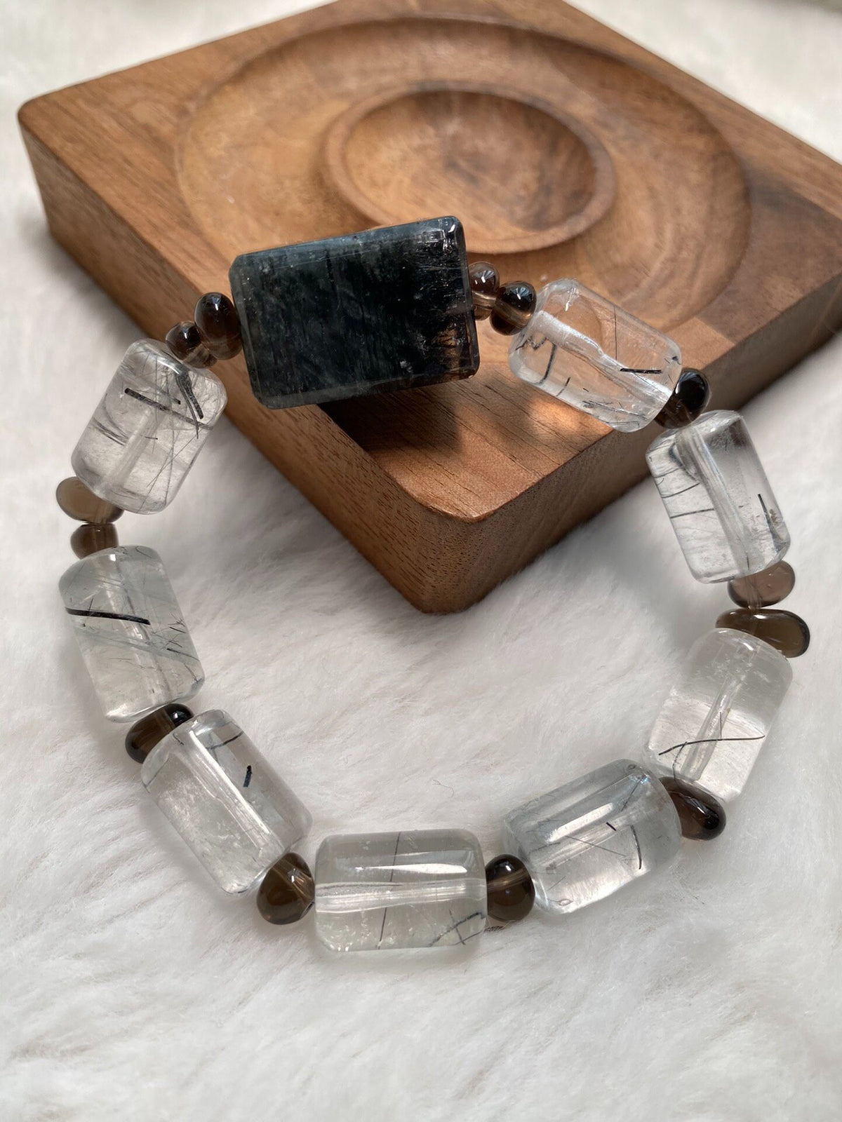 Black Hair Quartz Rectangular Bead Bracelet