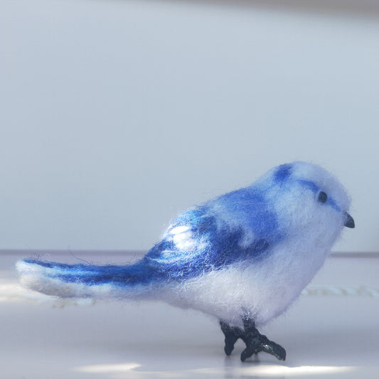 Needle-Felted Wool Miniature Bird Figurine with Blue and White Plumage