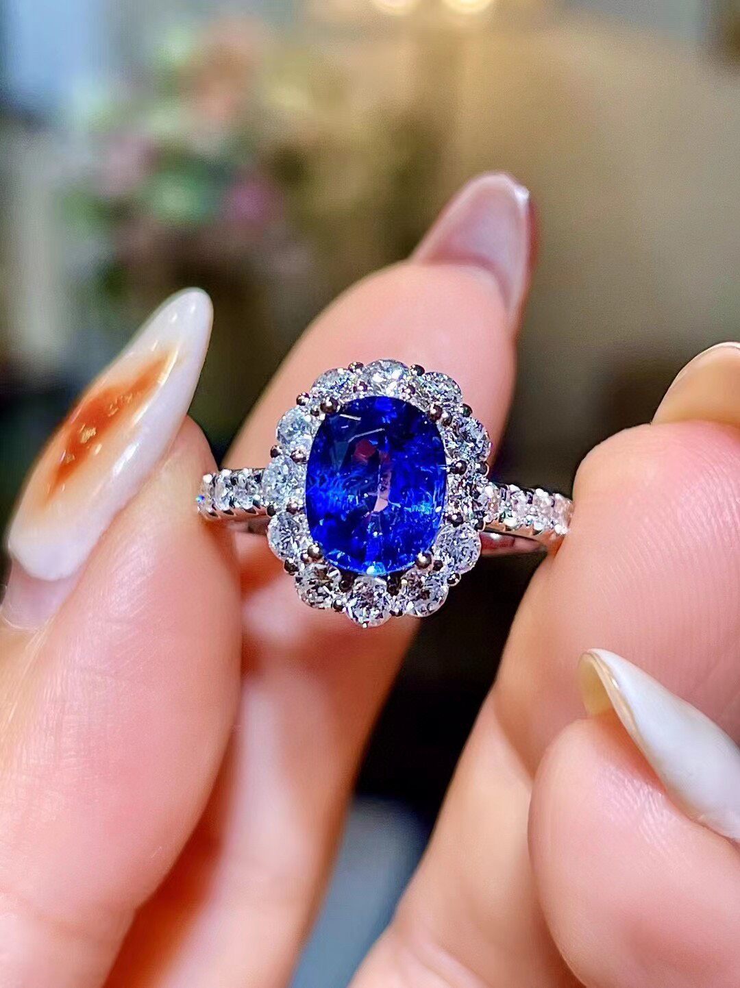 18K Gold Sapphire 1.90ct Diamond Halo Ring