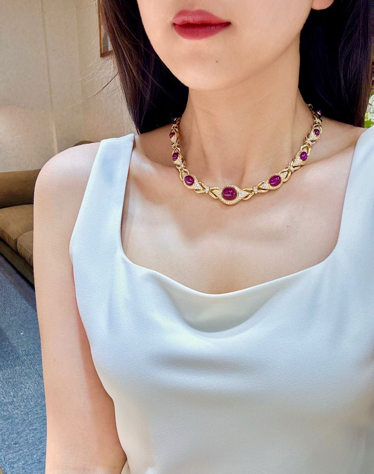 18K Gold Ruby and Diamond Cabochon Necklace, 42cm