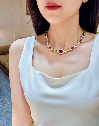 18K Gold Ruby and Diamond Cabochon Necklace, 42cm