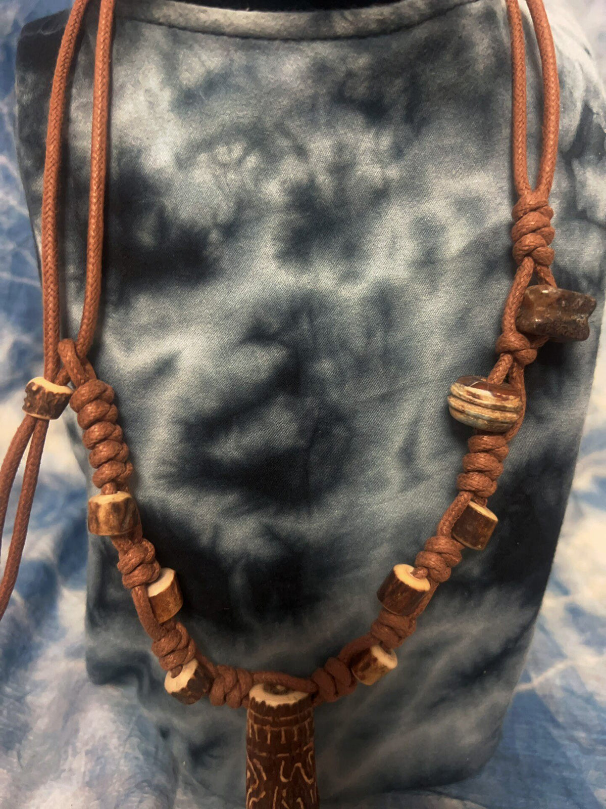 Handmade Carved Antler Necklace with Agate Beads
