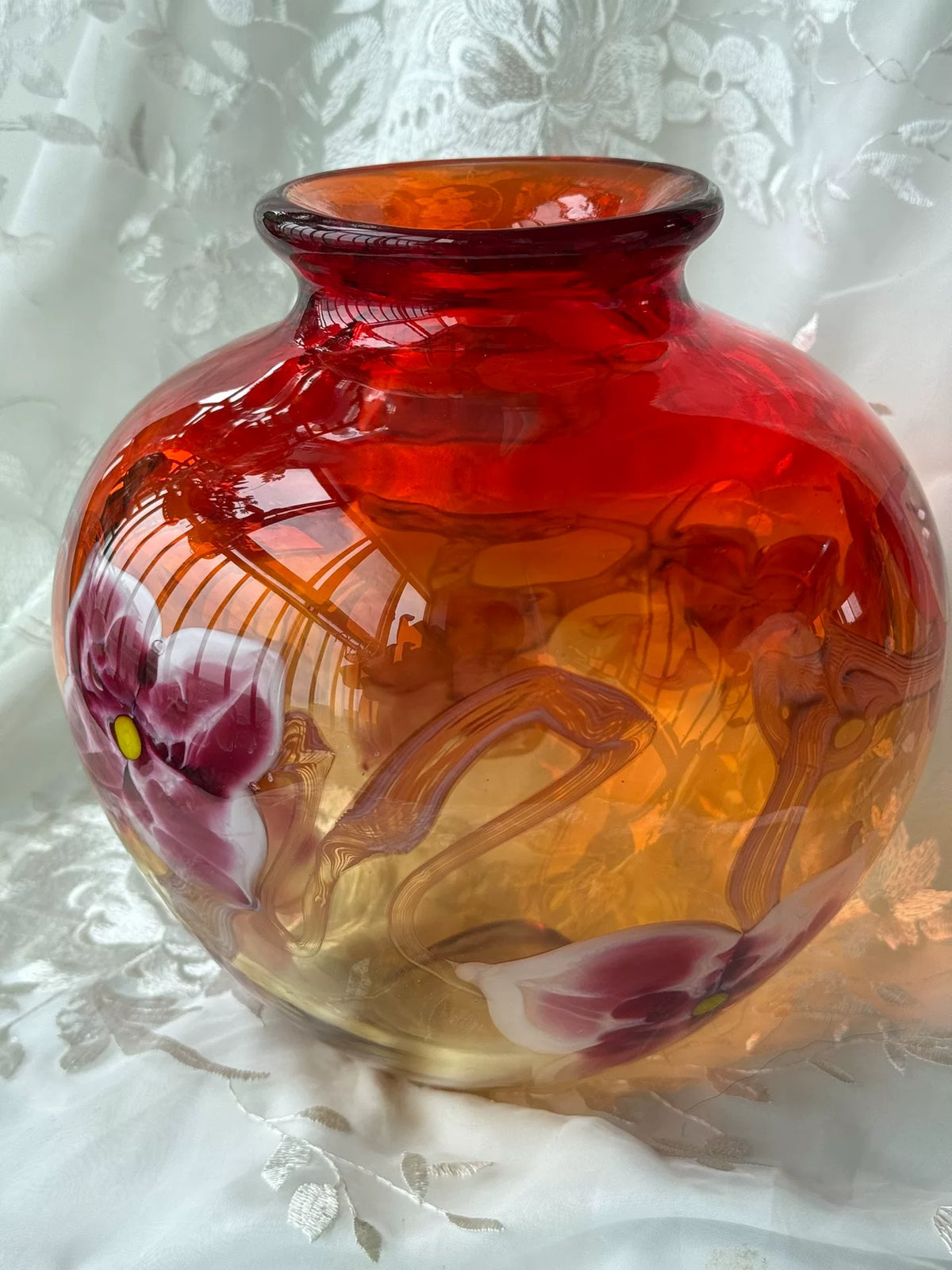Vintage Glass Vase Set Red Amber Gradient