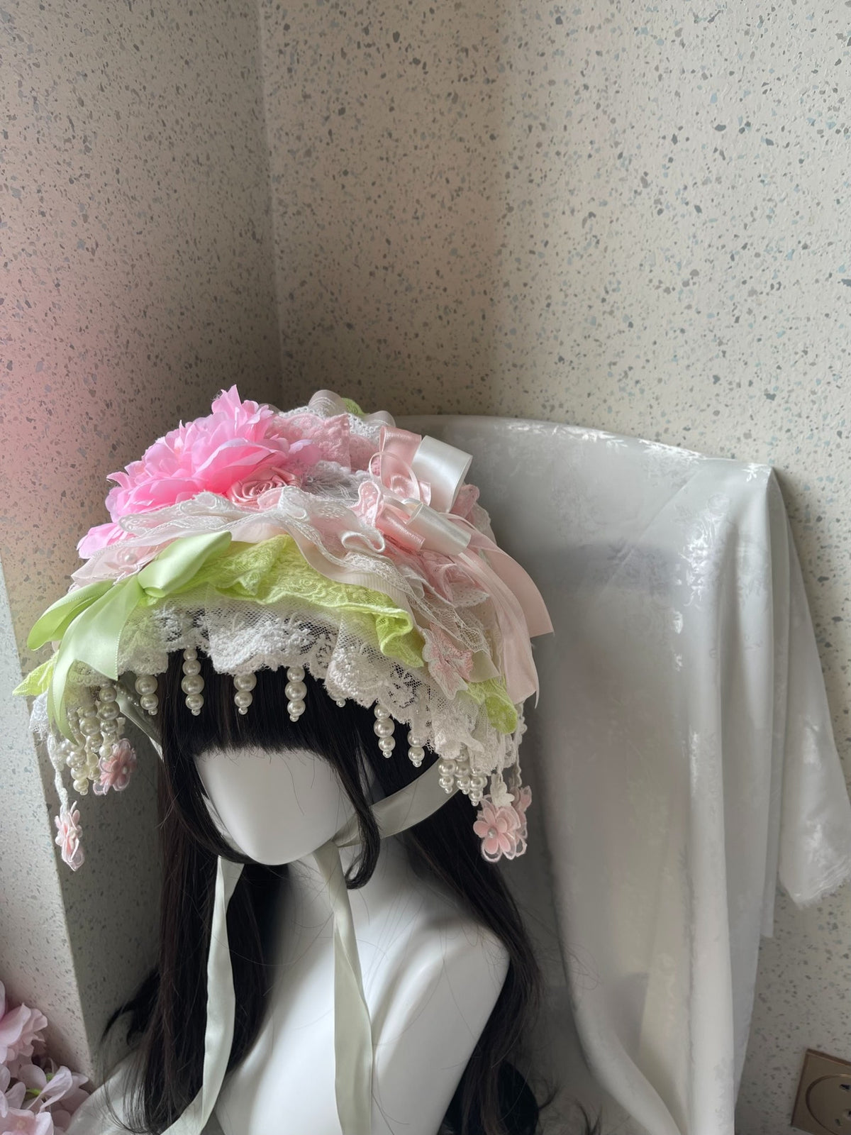 Lolita Pink Green Lace Bonnet with Peony