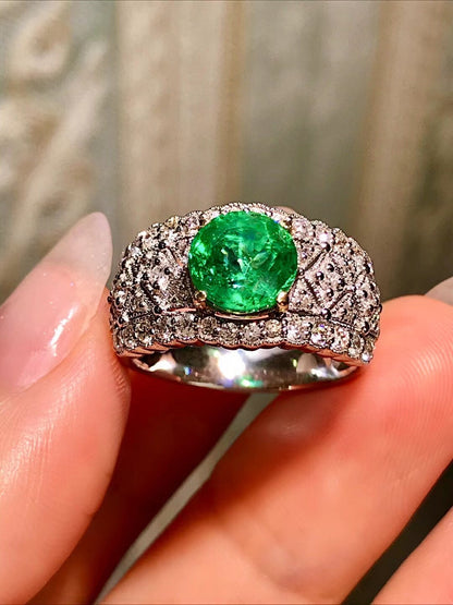 18K Gold Emerald Ring with Diamond Halo and Openwork Band