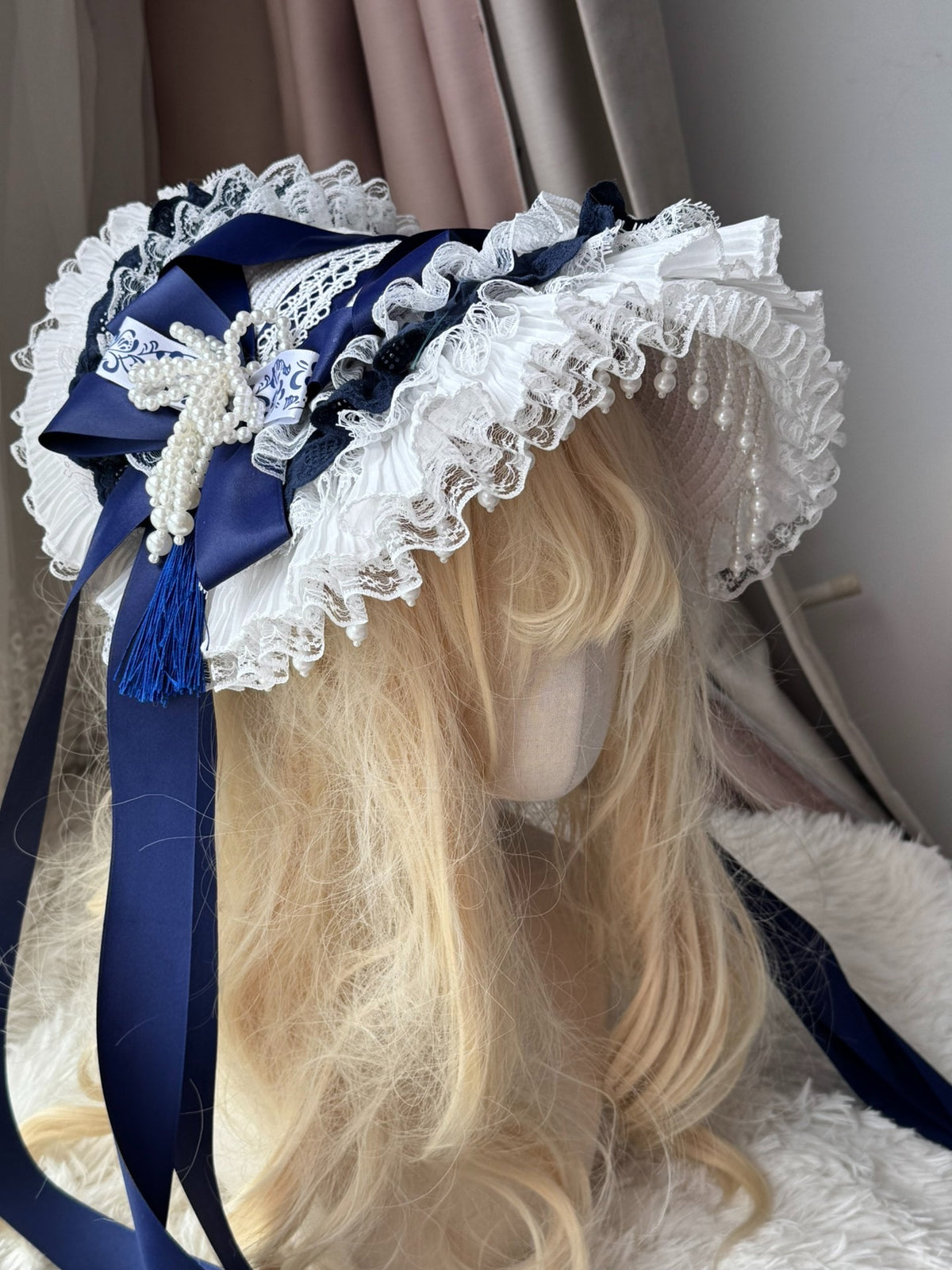 Navy Pearl Lace Lolita Bonnet Hat Base