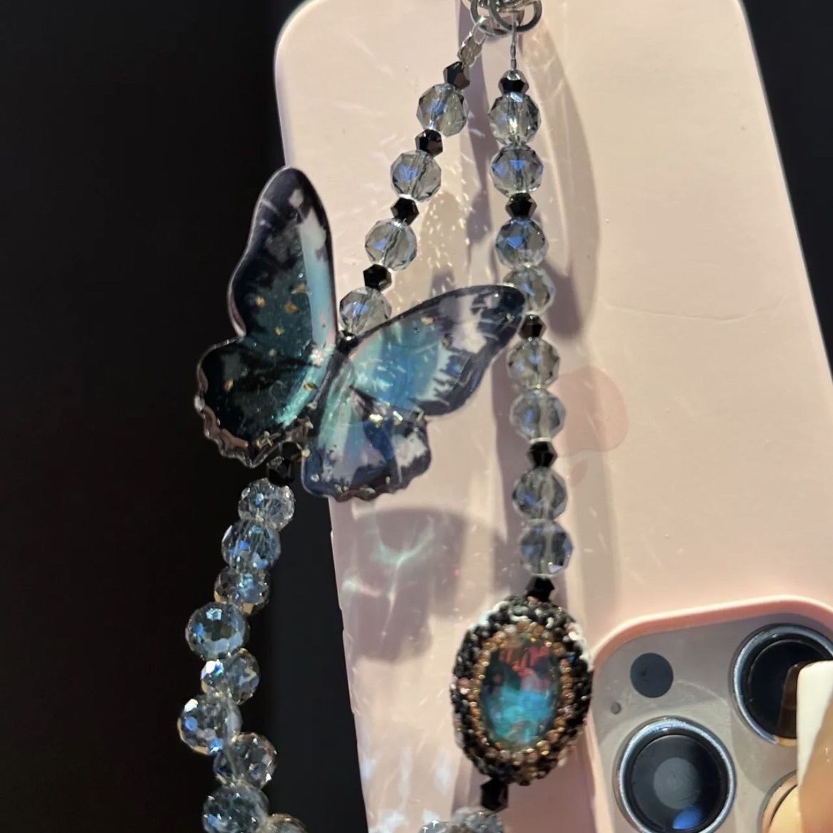 Smoky Blue Beaded Phone Charm with Butterfly