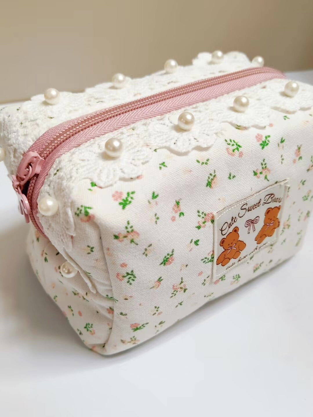 Handmade Floral Cotton Teddy Bear Cosmetic Pouch