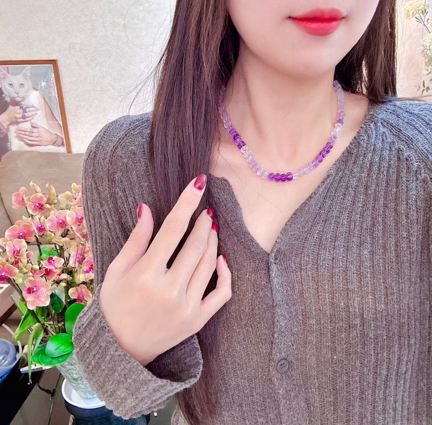 Amethyst Pumpkin Cut Beaded Necklace, 7-7.5mm, 44cm