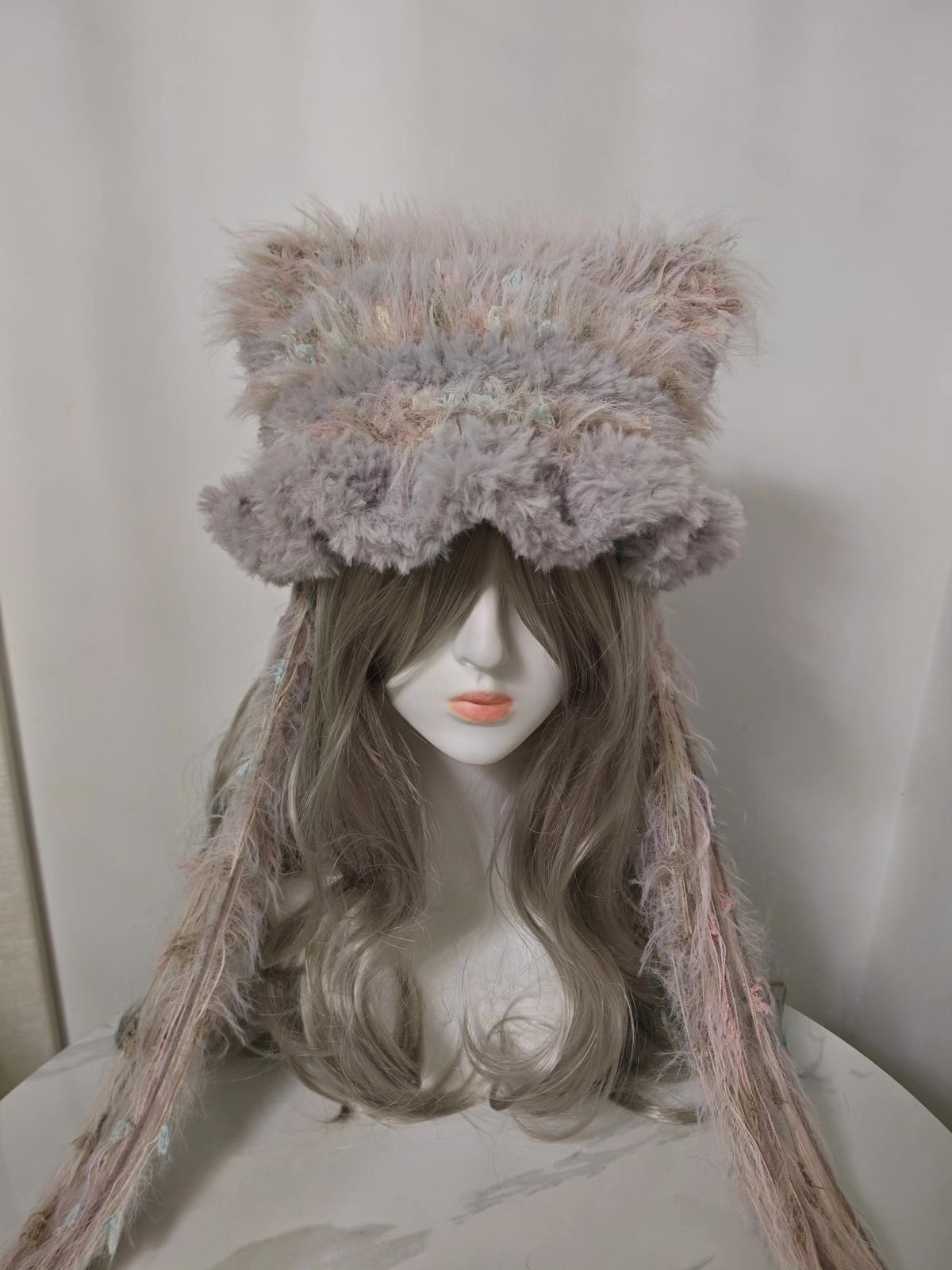 Gray Pink Cat Ear Faux Fur Hat
