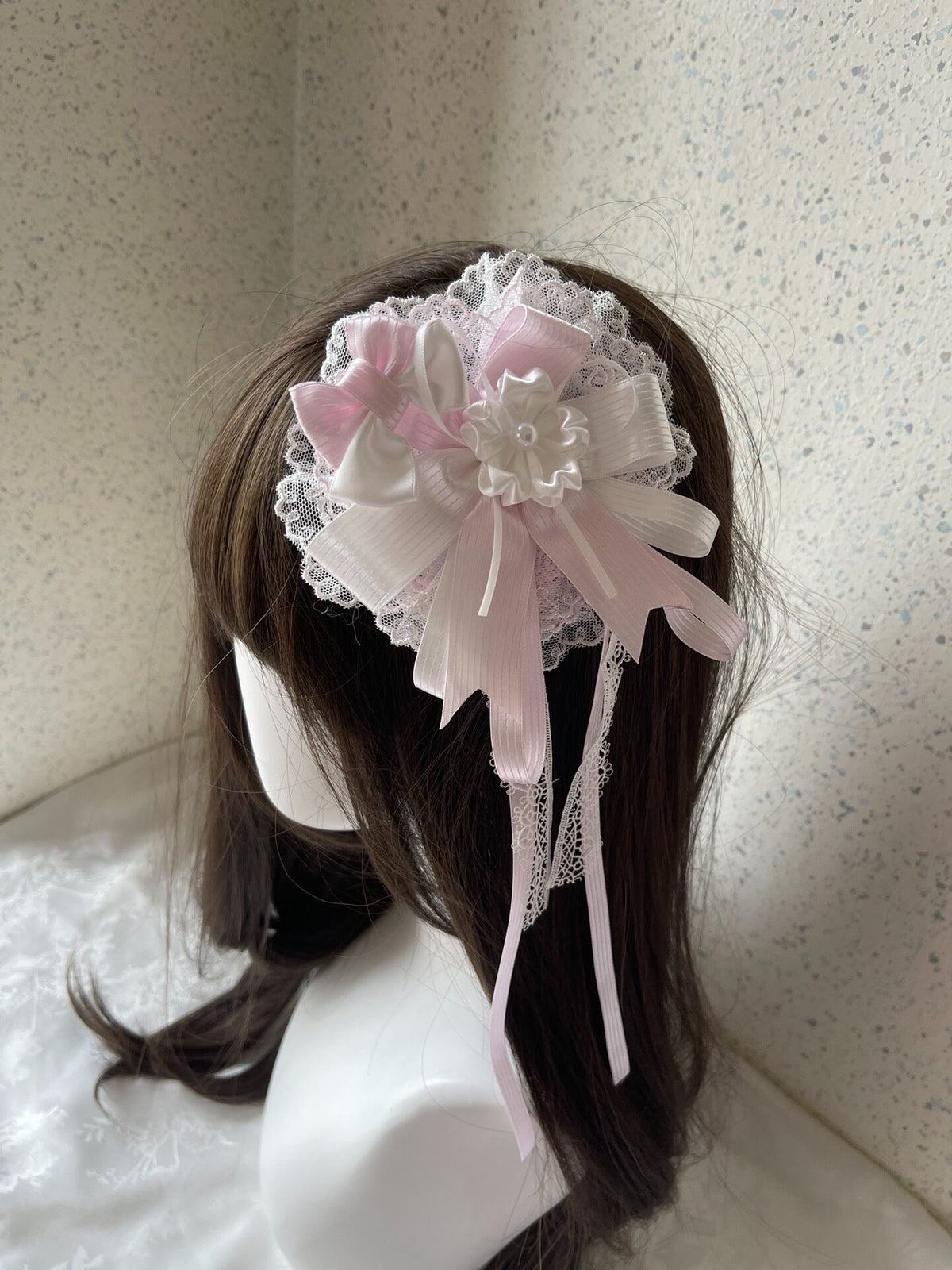 Handmade Lolita Pink White Bow Side Clip