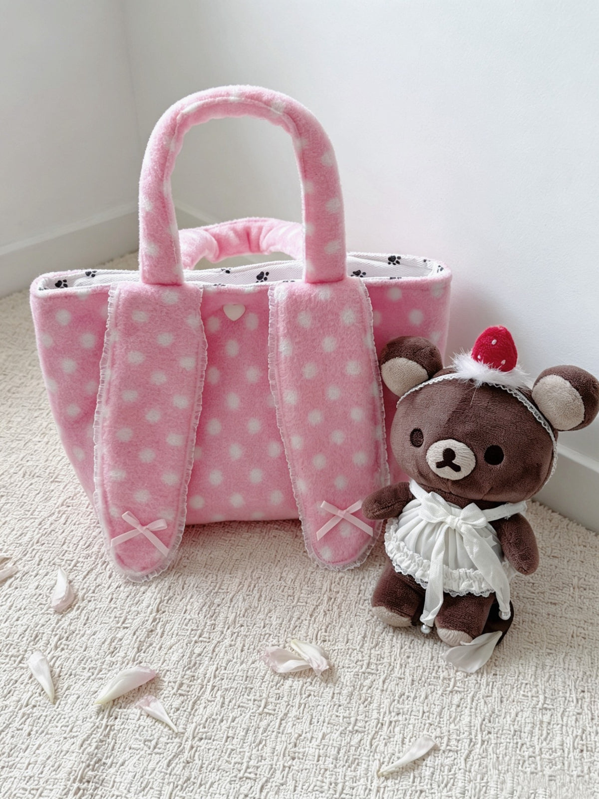 ピンクのふわふわうさぎ耳ミニトートバッグ
