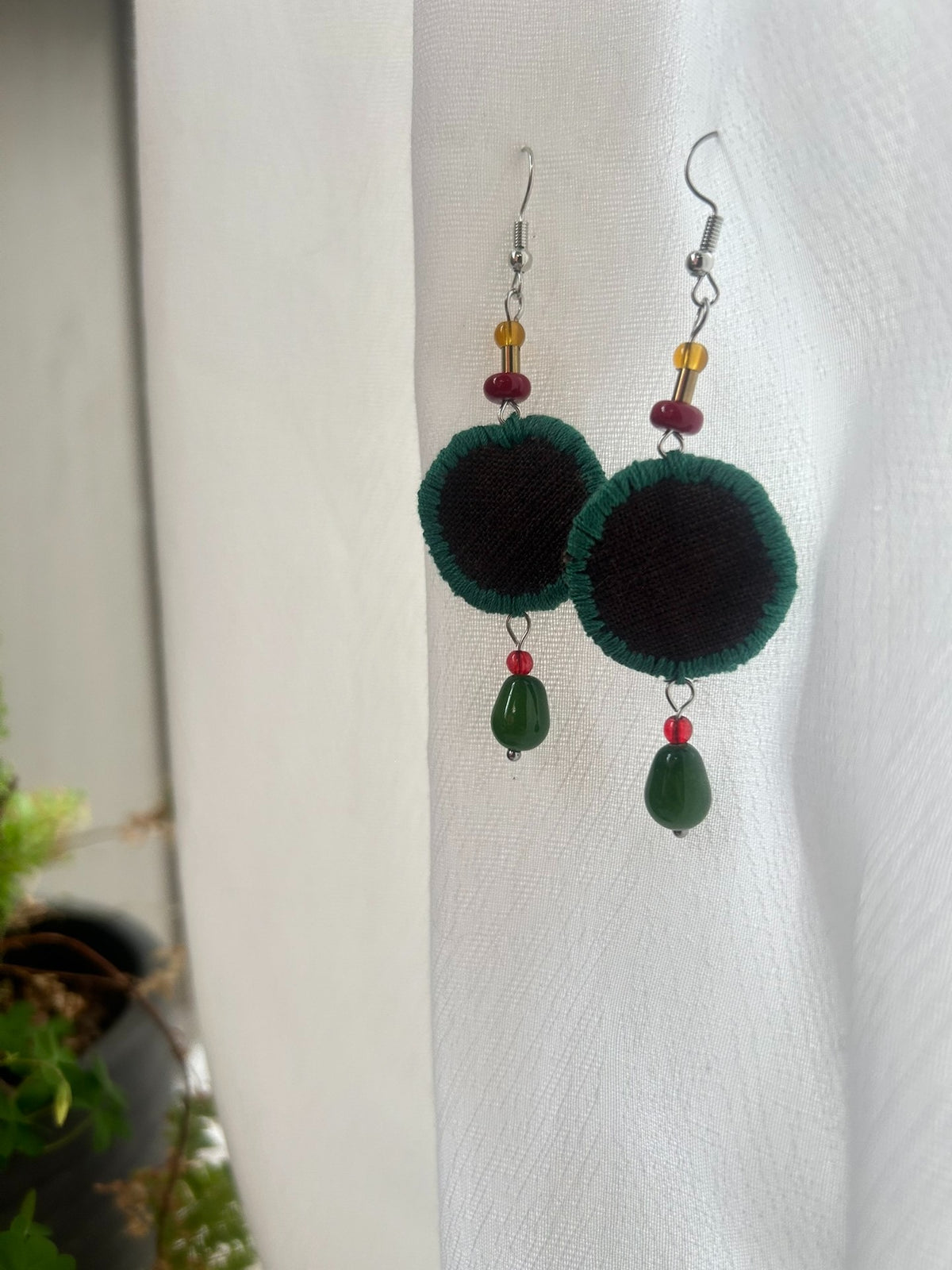 Handmade Fabric Earrings with Fringed Pendant