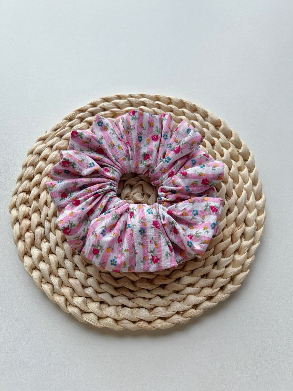 Pink Rose Stripe Floral Hair Scrunchie