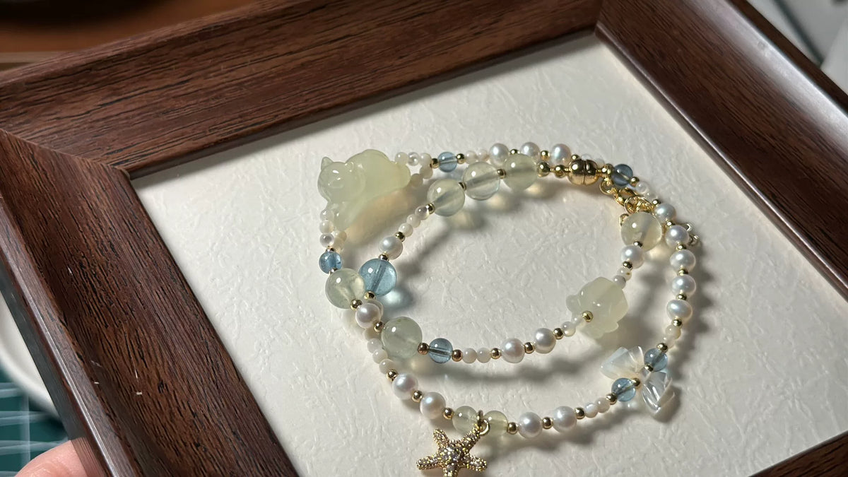 Xiuyan Jade Cat Pearl Double Layer Bracelet