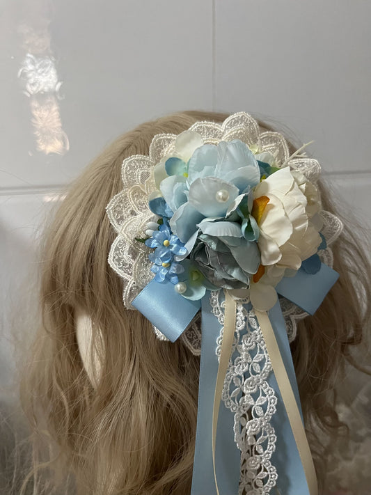 Handmade Lolita Blue Rose Floral Hair Brooch