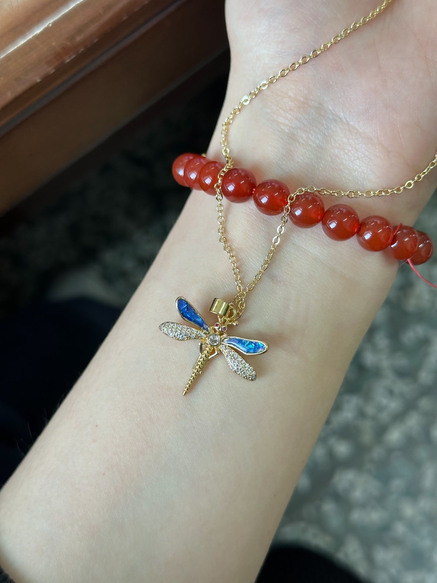 Gold-Plated Dragonfly Necklace with Shell Inlay Wings