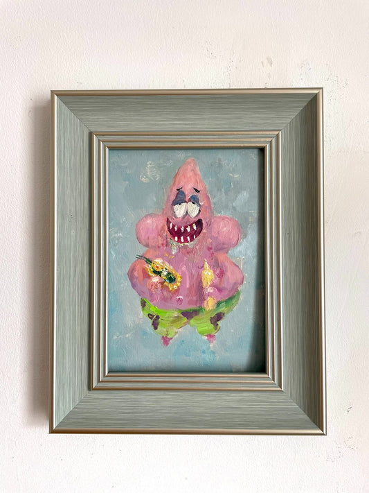 Hand-Painted Oil Starfish Artwork in Brushed Metal Frame