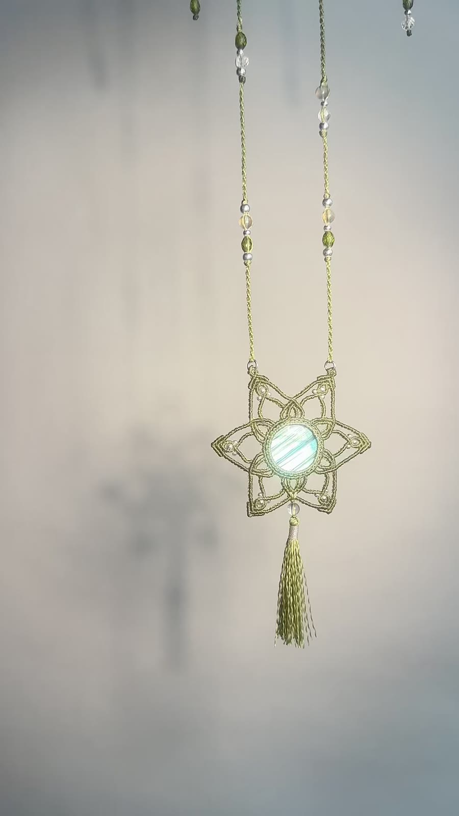 Handmade Labradorite Macrame Pendant Necklace with Olive Green Cord