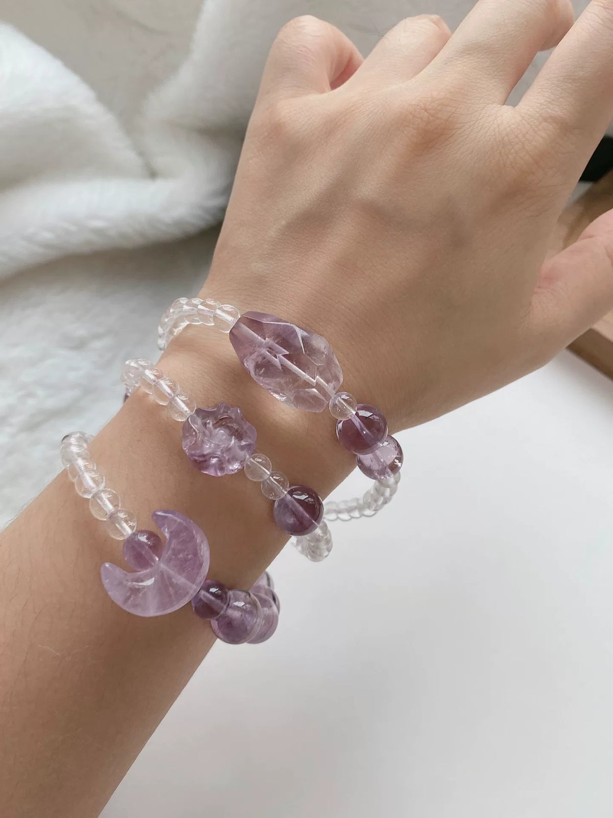 Pulsera de cuentas de Cuarzo Transparente y Cuarzo Rutilado Púrpura