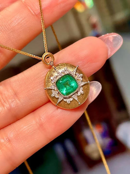 18K Gold Cushion-Cut Emerald and Diamond Pendant with Hand-Textured Frame