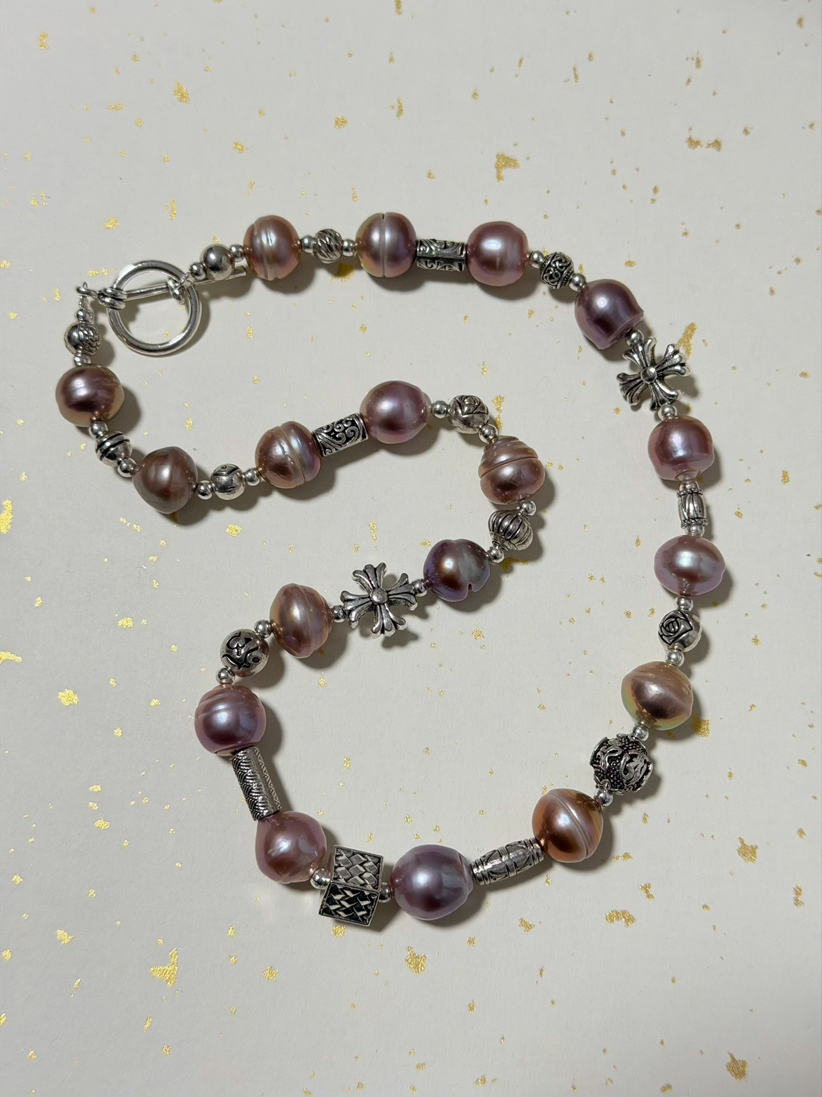 Purple Ribbed Bead Cross Charm Necklace