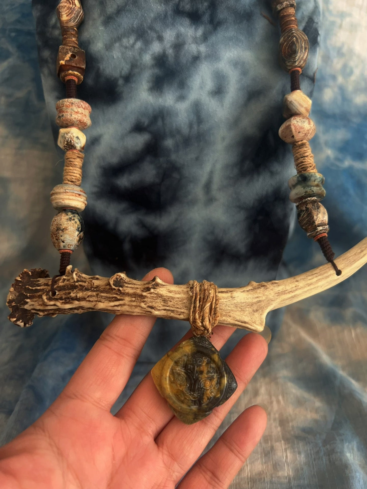 Handwoven Antler Necklace with Xiuyan Jade Pendant