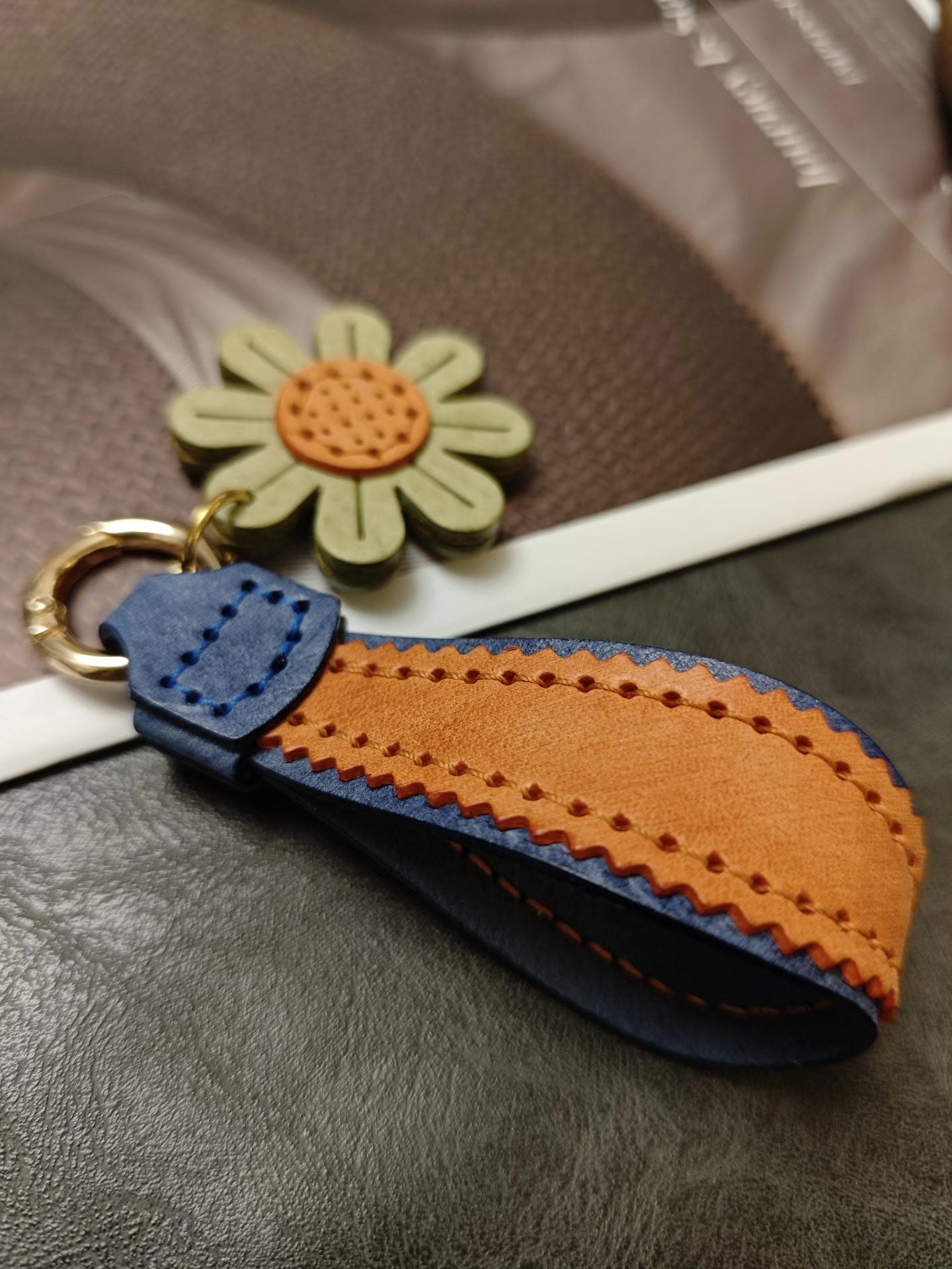 Handmade Leather Keychain Bag Charm with Flower and Zigzag Stitching