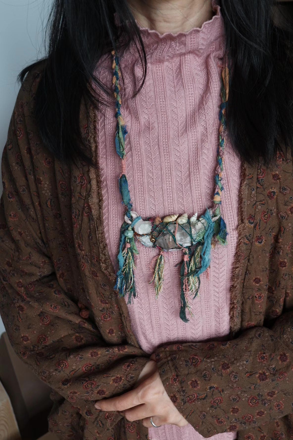 Handcrafted Forest Ethnic Necklace with Crystal Cluster