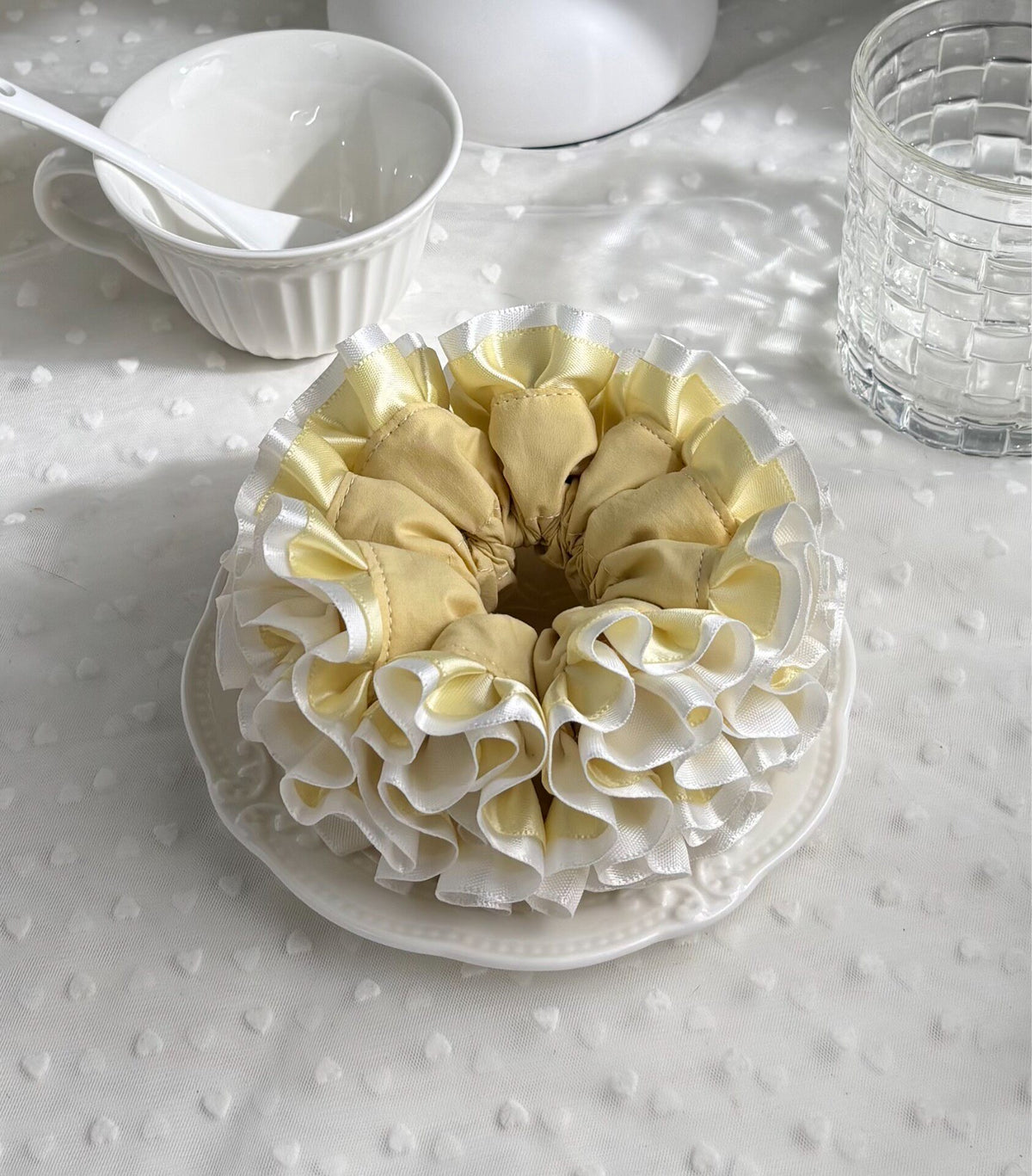 Creamy Yellow White Satin Ruffled Scrunchie