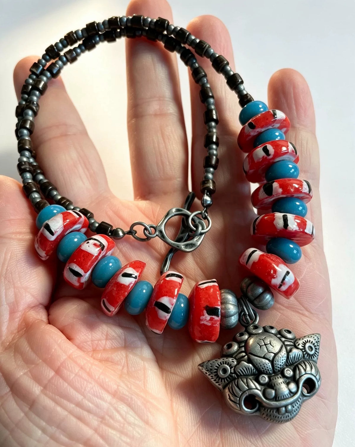 Handmade Glass Bead Necklace Red Blue