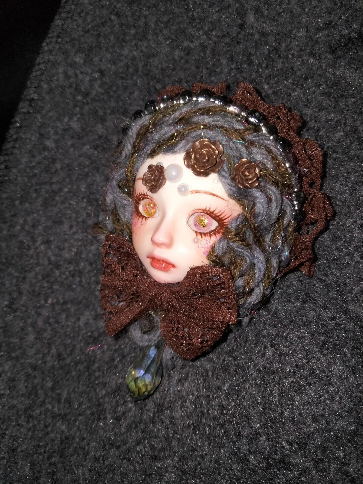 Doll Face Brooch with Crystal Pendant
