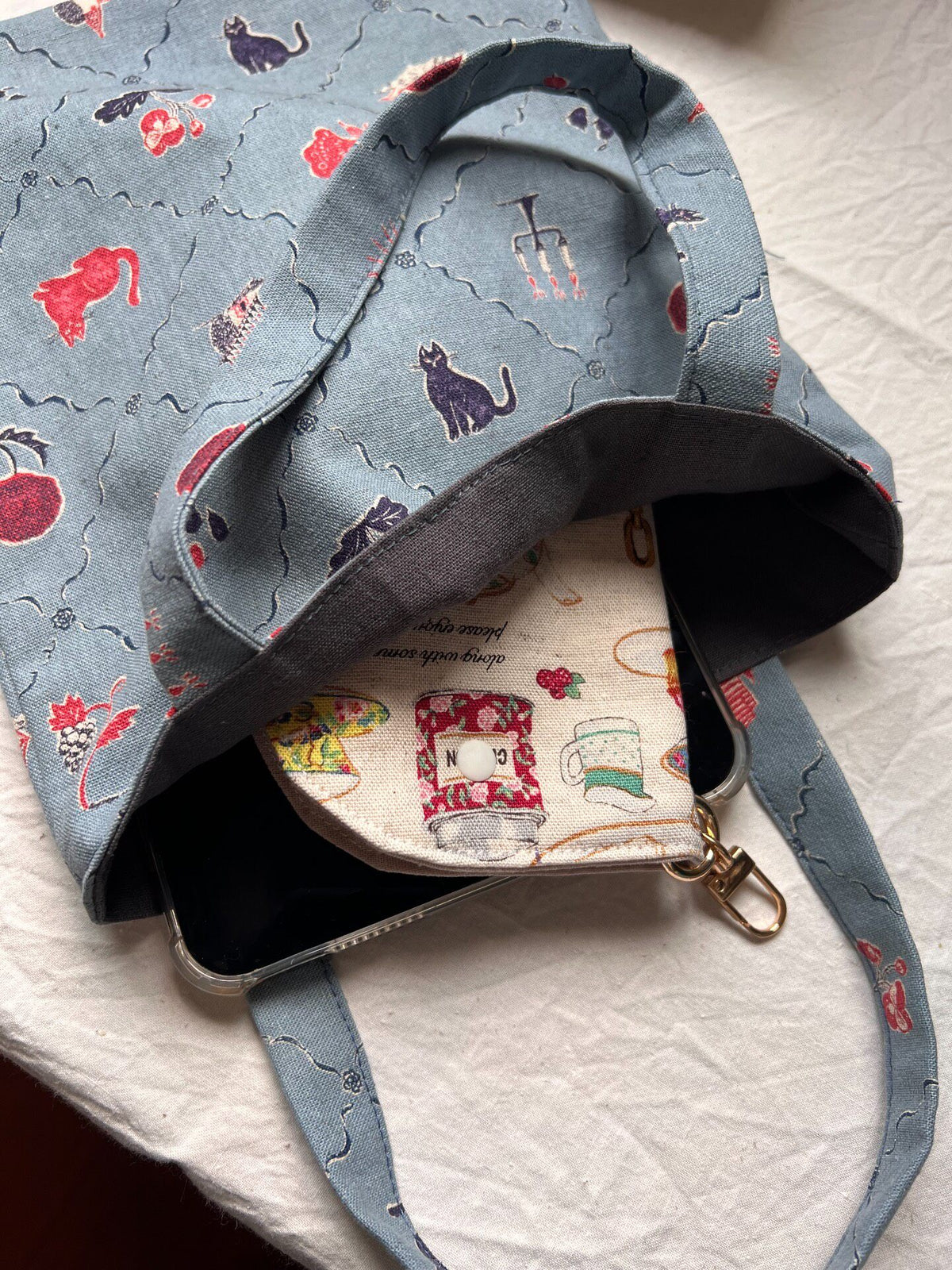 Cotton Linen Tote Bag with Folk Art Print