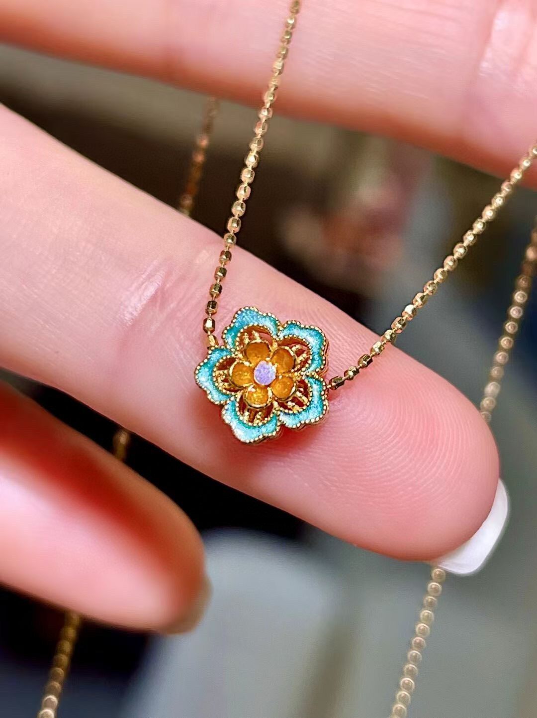 18K Gold Enamel Five-Petal Flower Pendant with Turquoise and Amber Enamel, 8.1x7.8mm