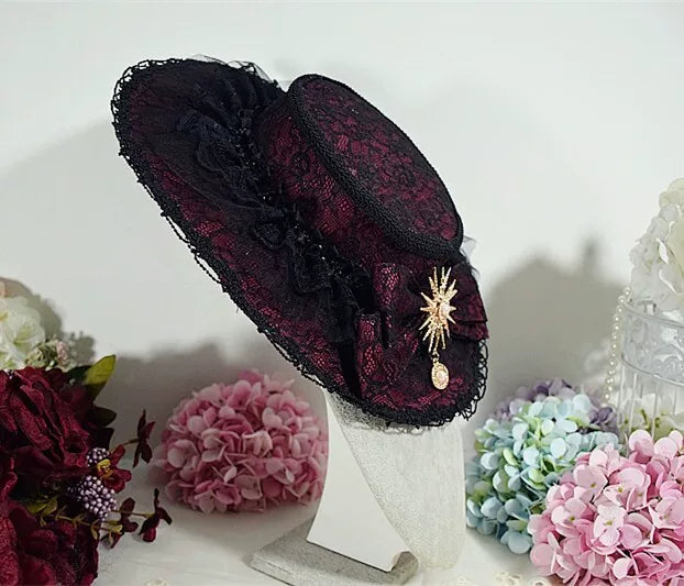 Sombrero plano gótico Lolita con velo hecho a mano