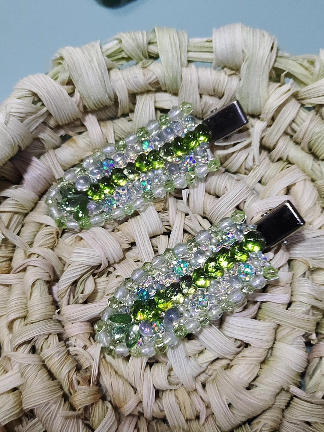 Handmade Green Beaded Hair Clip Pair
