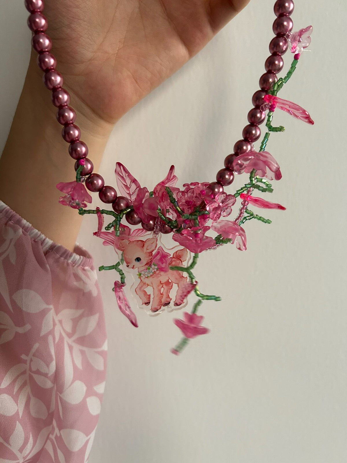 Rose Pink Beaded Pearl Necklace