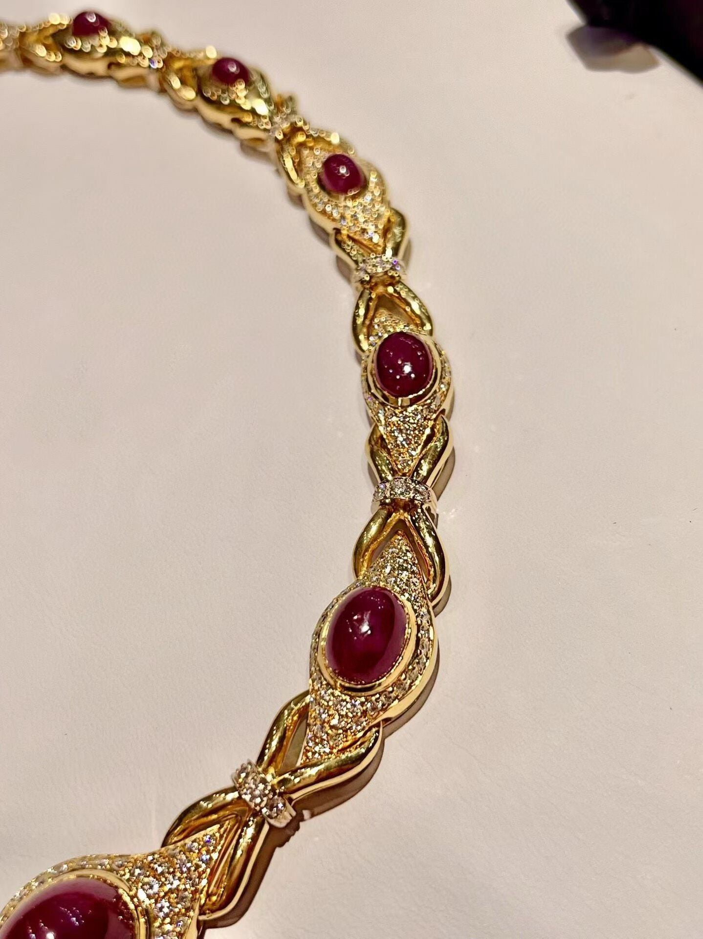 18K Gold Ruby and Diamond Cabochon Necklace, 42cm