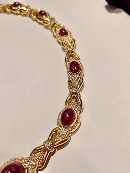 18K Gold Ruby and Diamond Cabochon Necklace, 42cm