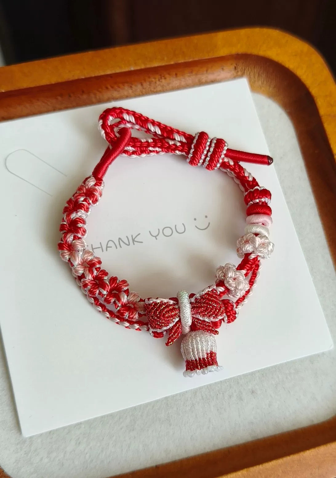 Handmade Braided Cord Bracelet Red White Bow