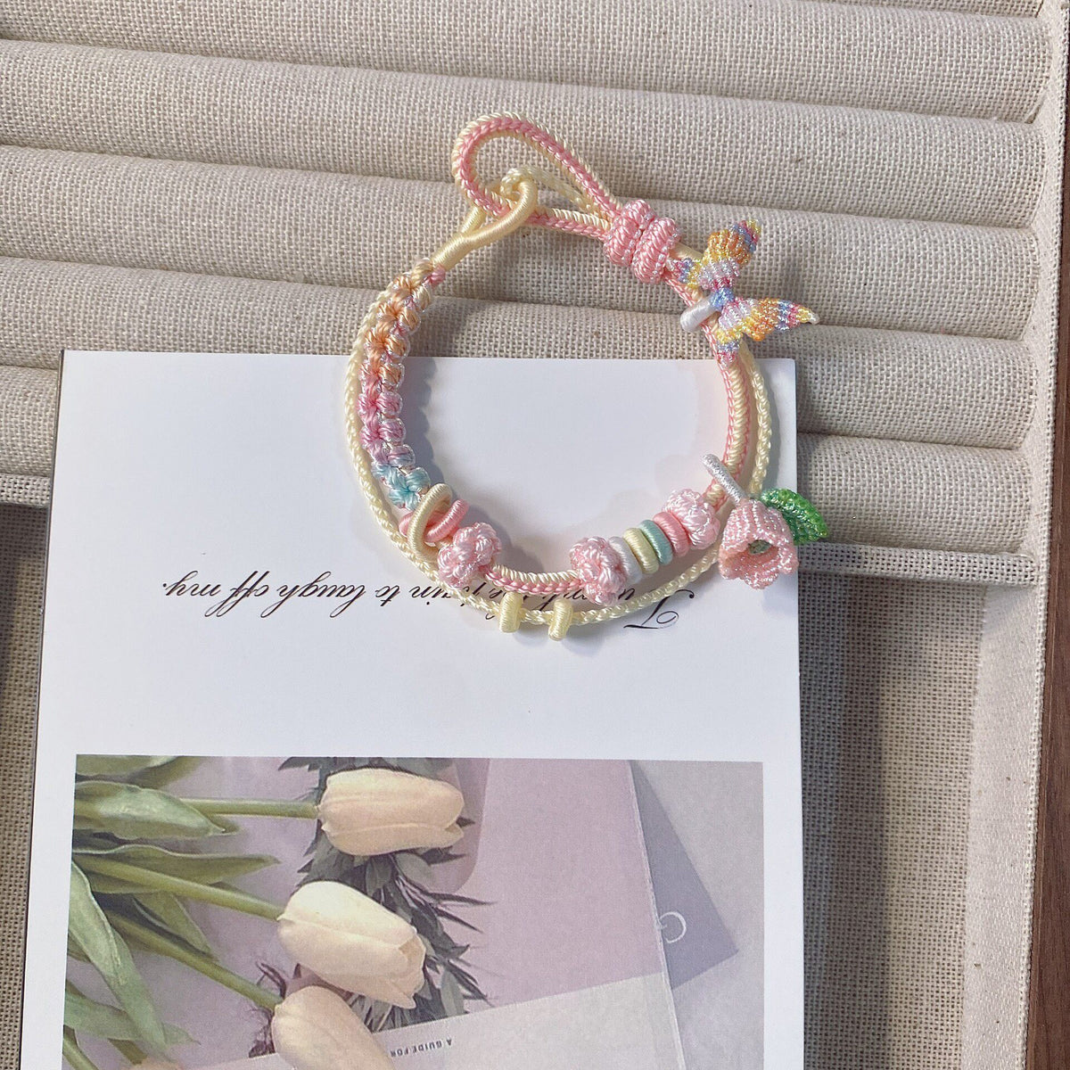 Handcrafted Woven Bracelet Pastel Butterfly Floral