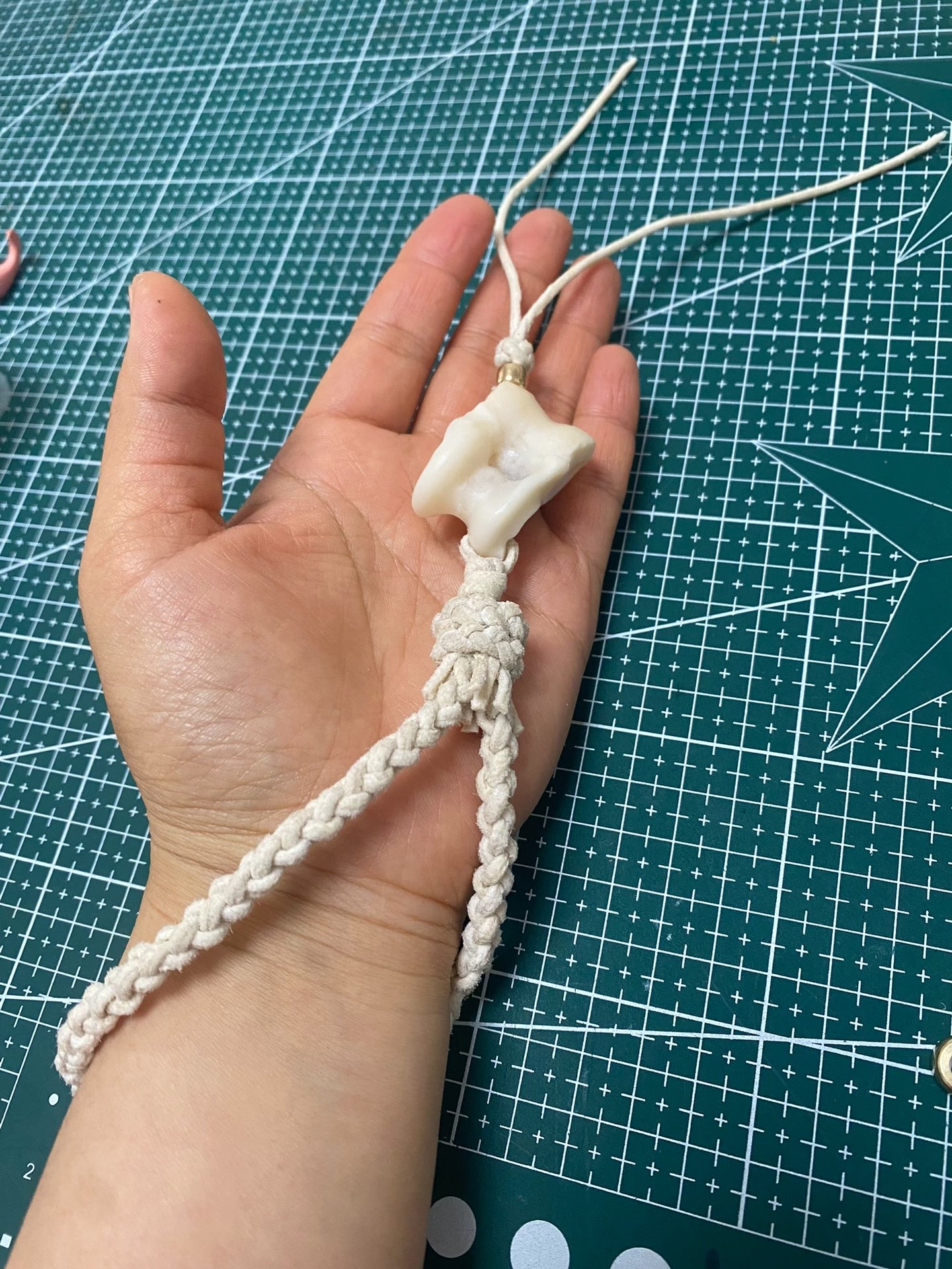 Handwoven Creamy White Rope Keychain with Amber Bead and Pendant