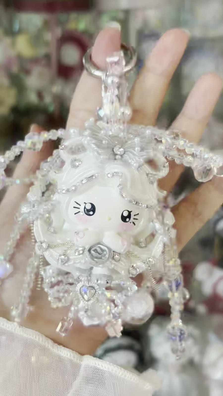 Yuki Beads Cat Bag Charm with Crystal Flowers