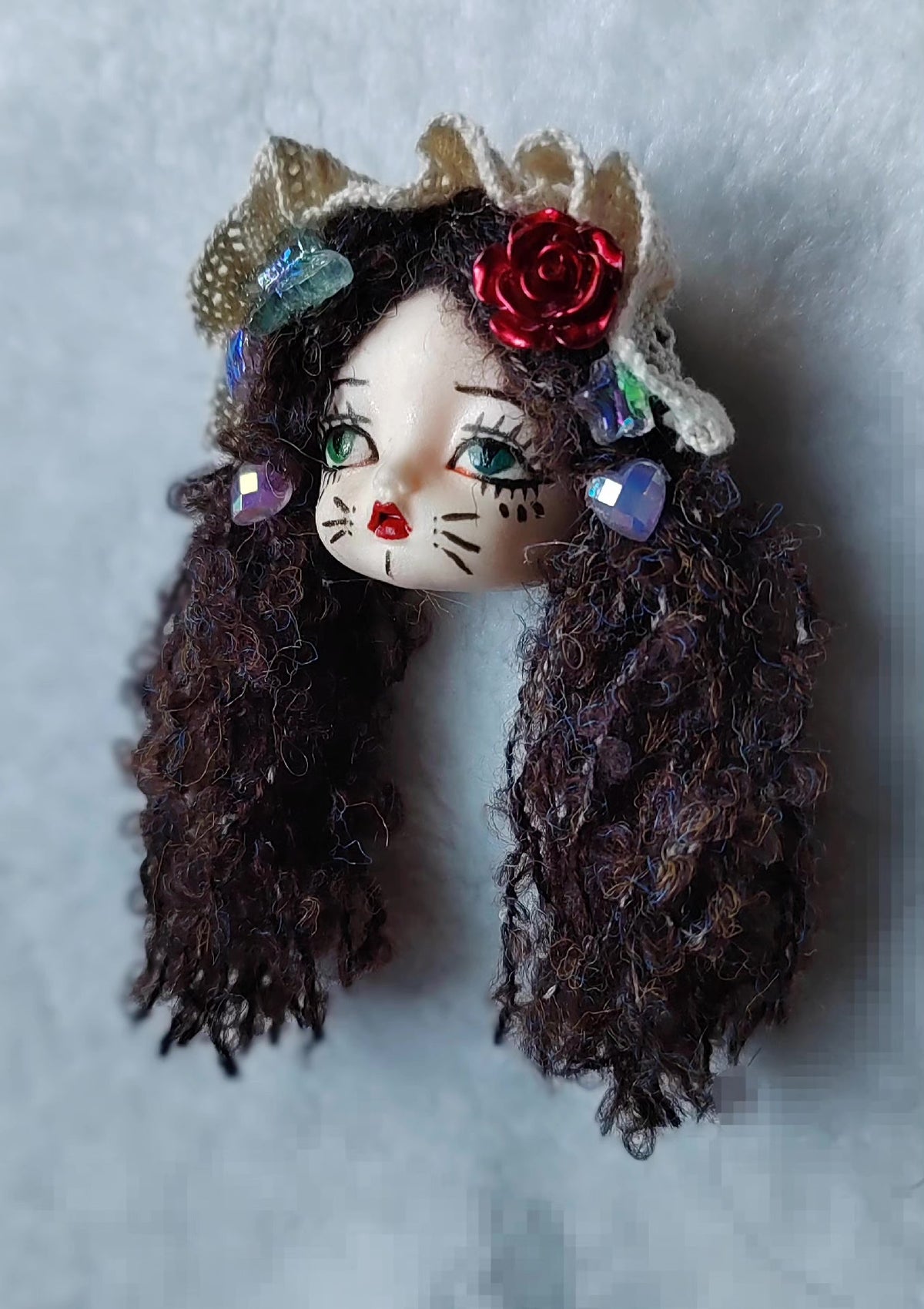 Handmade Clay Cat Doll Head Brooch