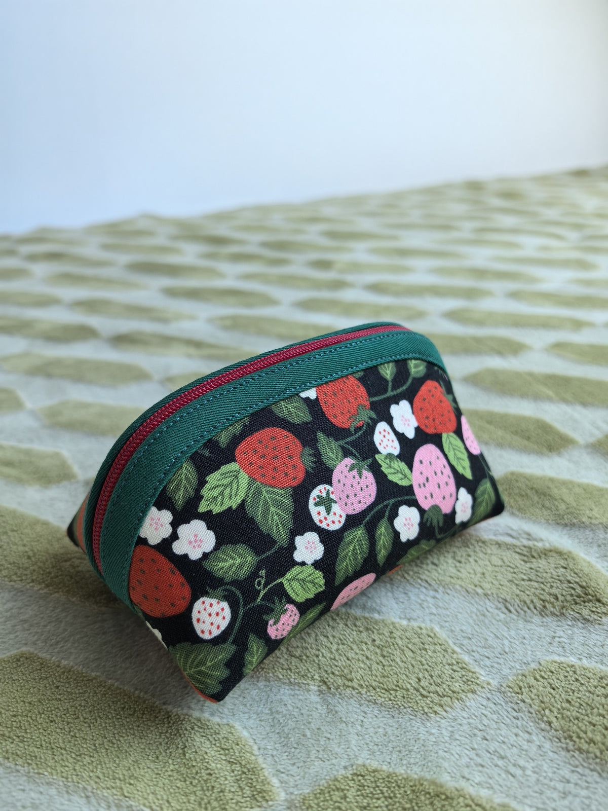 Strawberry Print Shell Pouch with Red Zipper