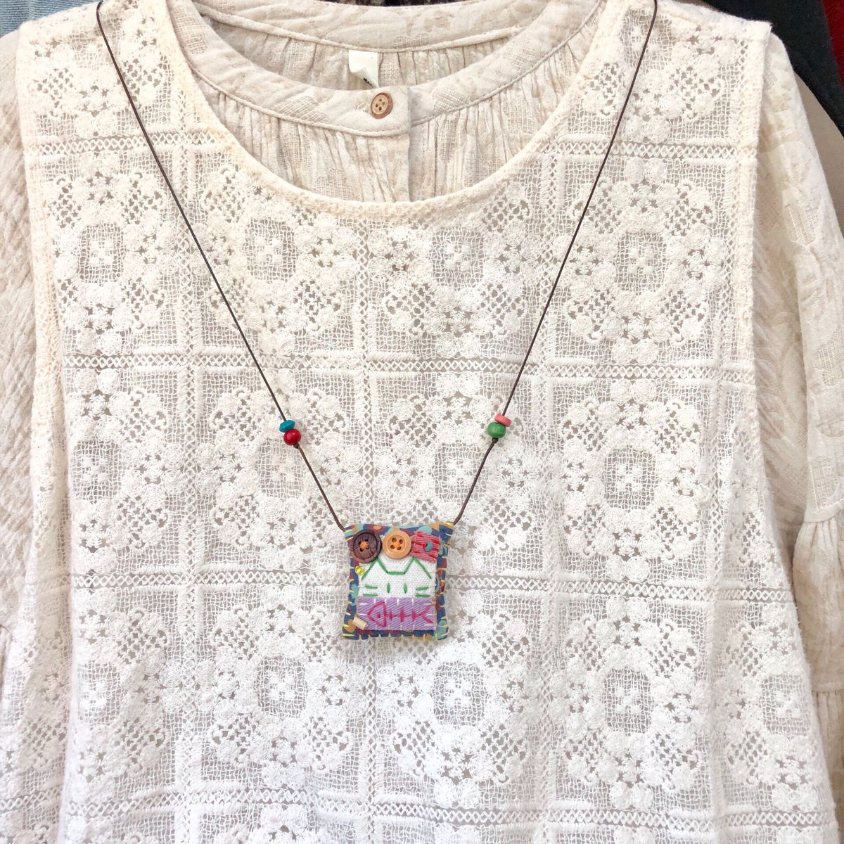 Cotton Fabric Cat and Fish Necklace
