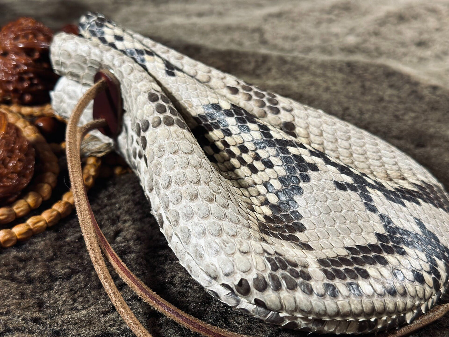 Handmade Leather Pouch with Snake Skin Pattern and Drawstring Closure